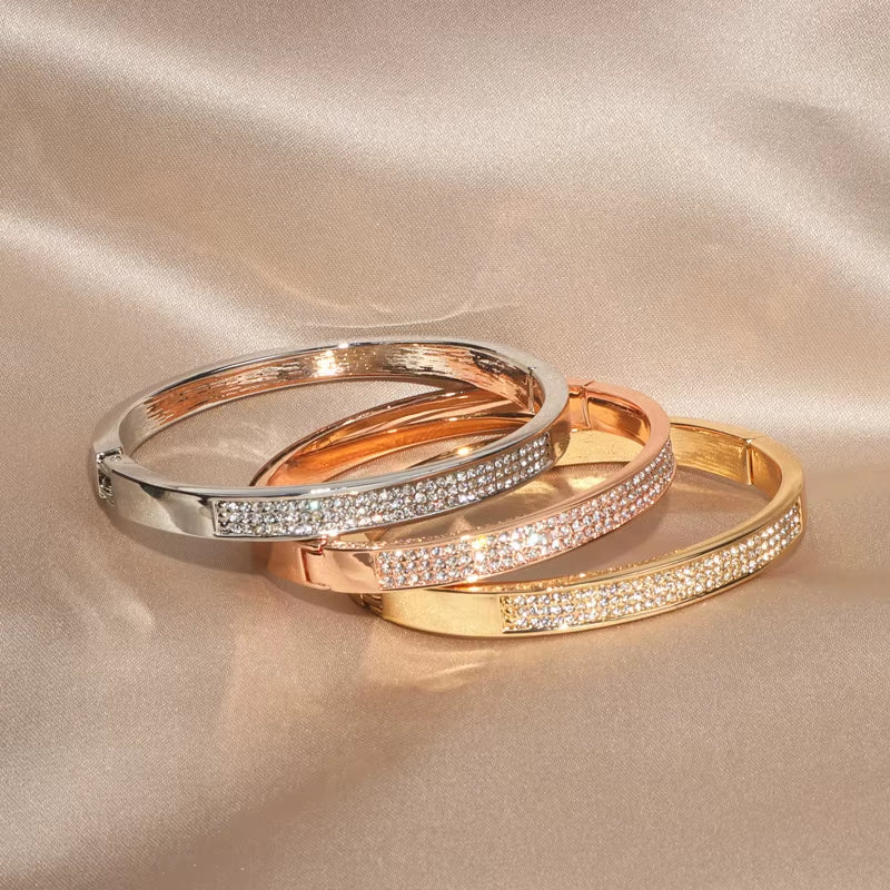 New Elegant Classic Crystal Cuff Bangles Bracelets for Women Gold Color Simple Femal Opening Bangles Wedding Jewelry Accessories