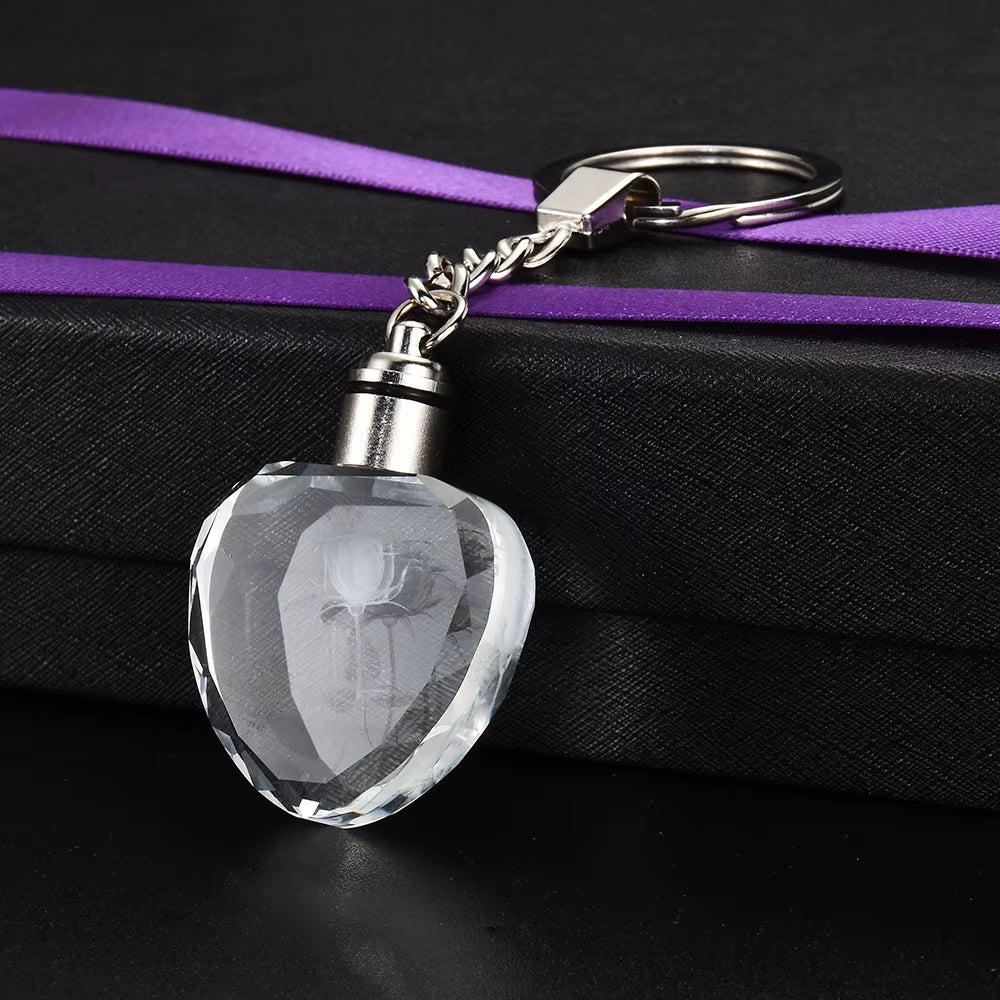 Fashion Colorful Fairy Rose Flower Pattern Love Shape Crystal Rhinestone LED Light Keychain Lover Key Chain Keyring Jewelry