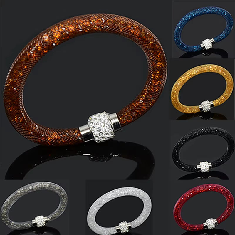 Net Mesh Bracelet for Women Resins Crystal Fill Ball Metal Magnetic Clasp Multiple Color Bangle Fashion Jewelry