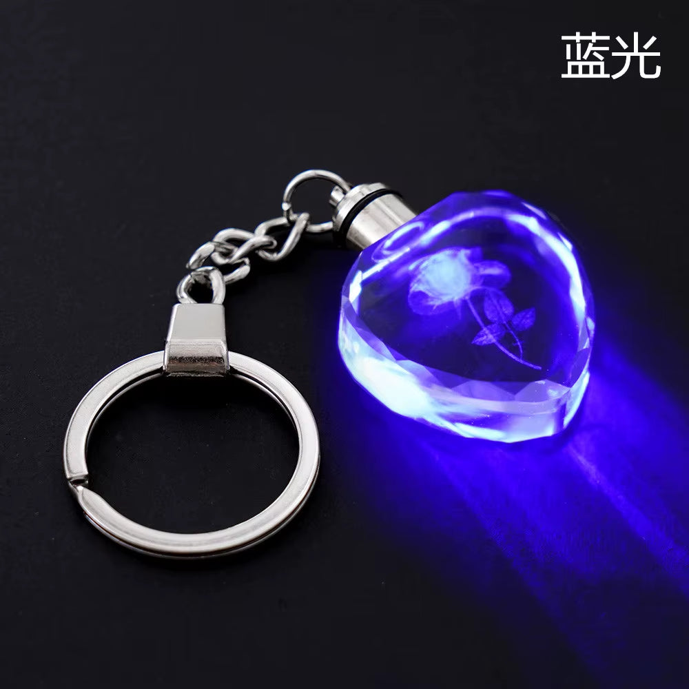 Fashion Colorful Fairy Rose Flower Pattern Love Shape Crystal Rhinestone LED Light Keychain Lover Key Chain Keyring Jewelry