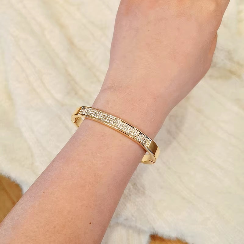 New Elegant Classic Crystal Cuff Bangles Bracelets for Women Gold Color Simple Femal Opening Bangles Wedding Jewelry Accessories