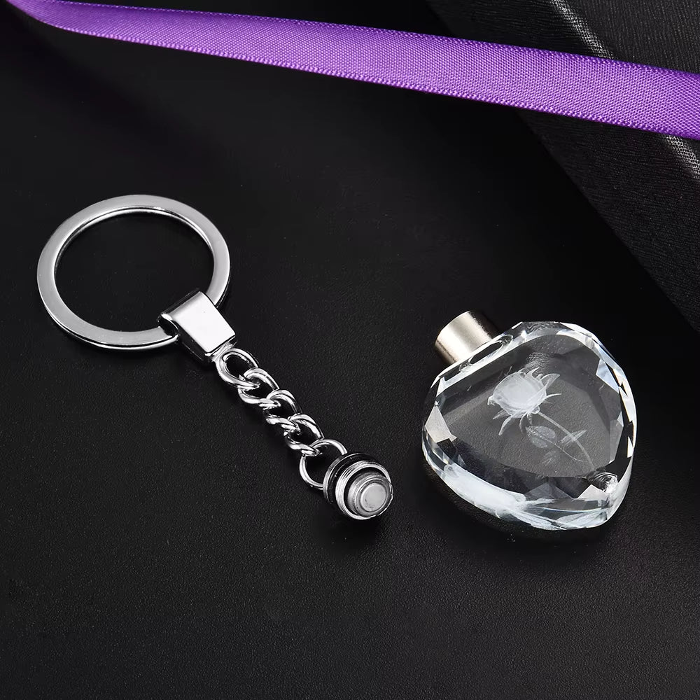 Fashion Colorful Fairy Rose Flower Pattern Love Shape Crystal Rhinestone LED Light Keychain Lover Key Chain Keyring Jewelry