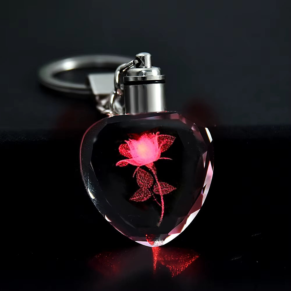 Fashion Colorful Fairy Rose Flower Pattern Love Shape Crystal Rhinestone LED Light Keychain Lover Key Chain Keyring Jewelry