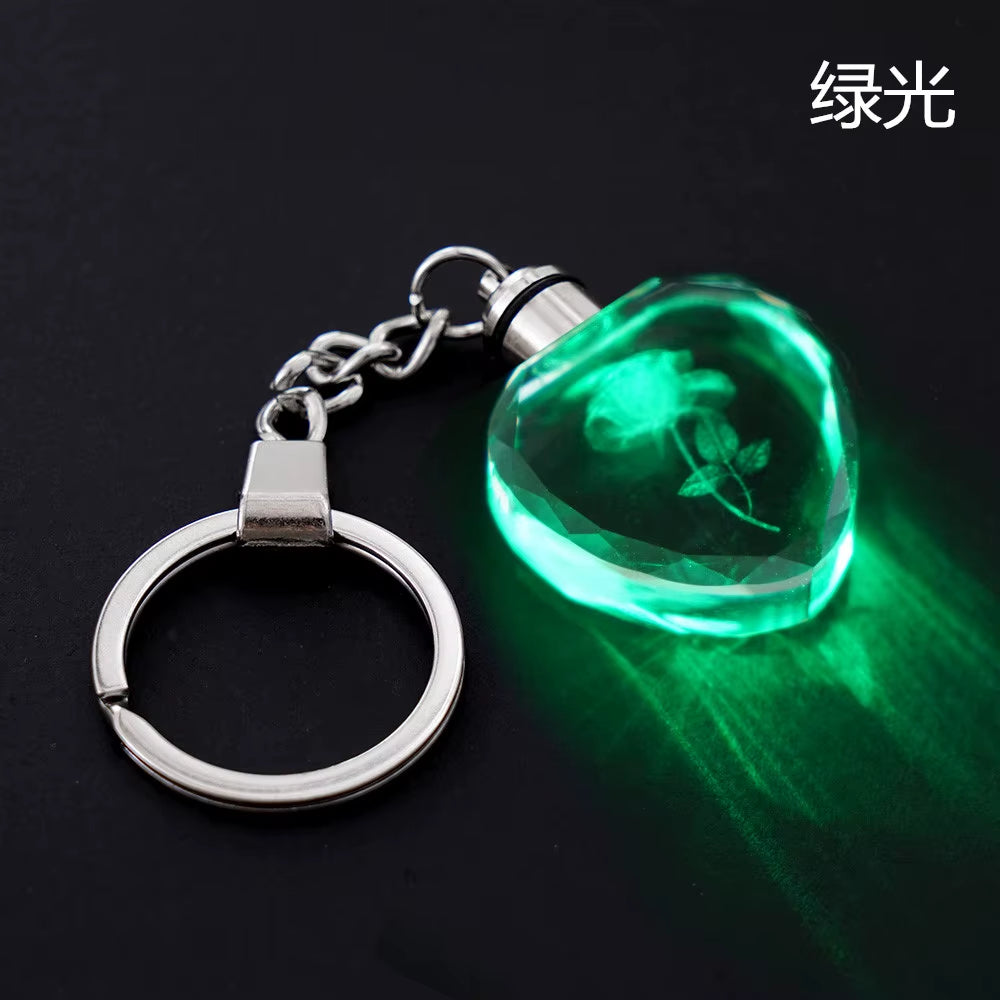 Fashion Colorful Fairy Rose Flower Pattern Love Shape Crystal Rhinestone LED Light Keychain Lover Key Chain Keyring Jewelry