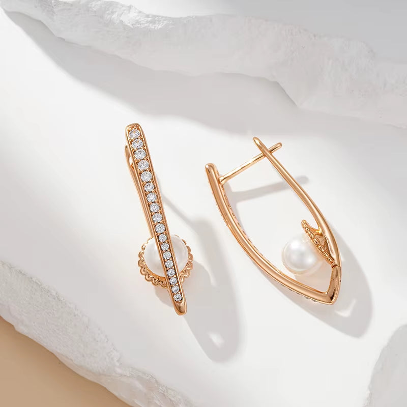 Luxury Long V Shape Pearl Drop Earrings for Women Trendy 585 Rose Gold Color Fine Wedding Easy Matching Daily Jewelry