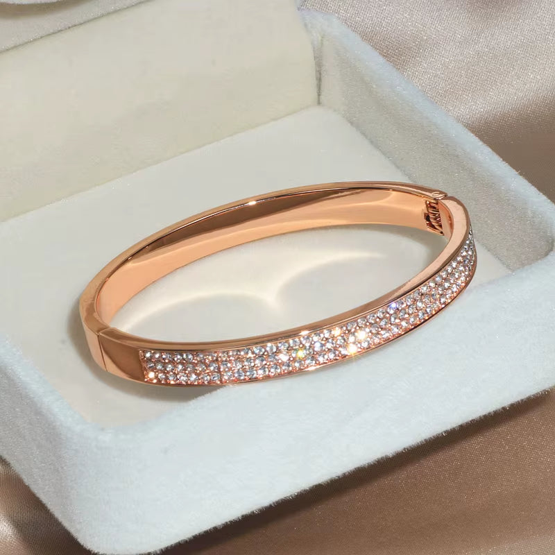 New Elegant Classic Crystal Cuff Bangles Bracelets for Women Gold Color Simple Femal Opening Bangles Wedding Jewelry Accessories