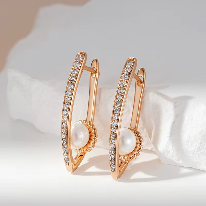 Luxury Long V Shape Pearl Drop Earrings for Women Trendy 585 Rose Gold Color Fine Wedding Easy Matching Daily Jewelry