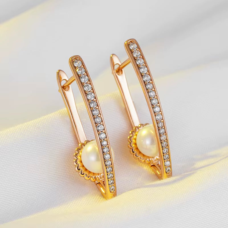 Luxury Long V Shape Pearl Drop Earrings for Women Trendy 585 Rose Gold Color Fine Wedding Easy Matching Daily Jewelry