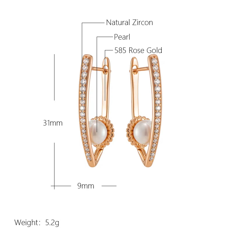 Luxury Long V Shape Pearl Drop Earrings for Women Trendy 585 Rose Gold Color Fine Wedding Easy Matching Daily Jewelry