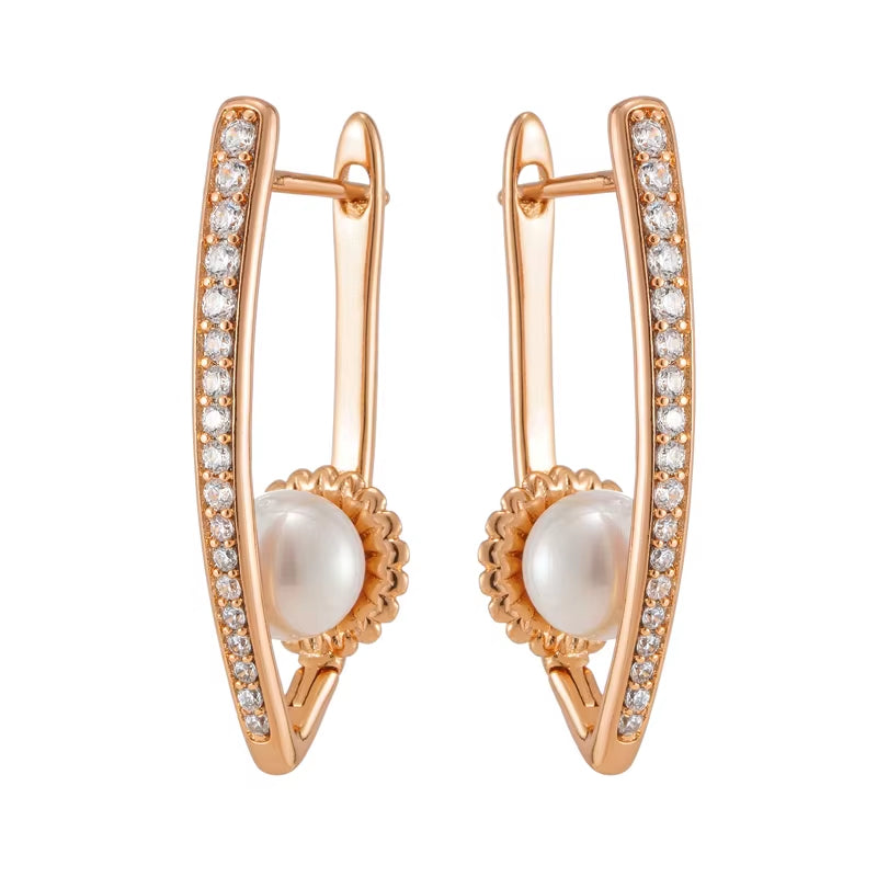 Luxury Long V Shape Pearl Drop Earrings for Women Trendy 585 Rose Gold Color Fine Wedding Easy Matching Daily Jewelry
