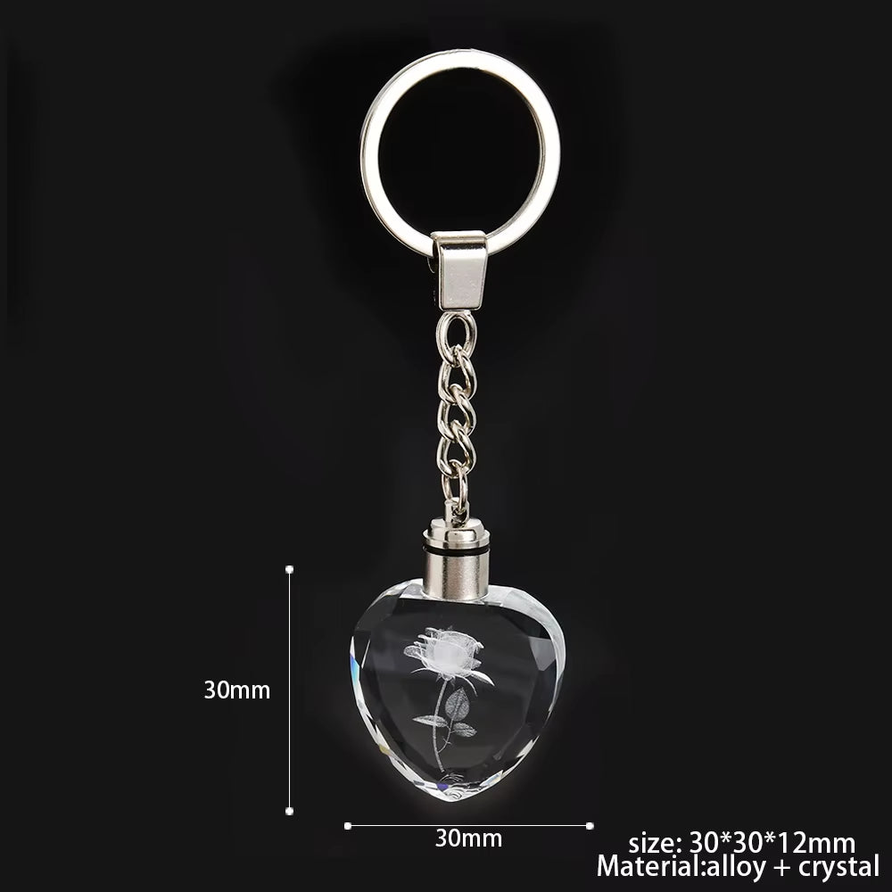 Fashion Colorful Fairy Rose Flower Pattern Love Shape Crystal Rhinestone LED Light Keychain Lover Key Chain Keyring Jewelry