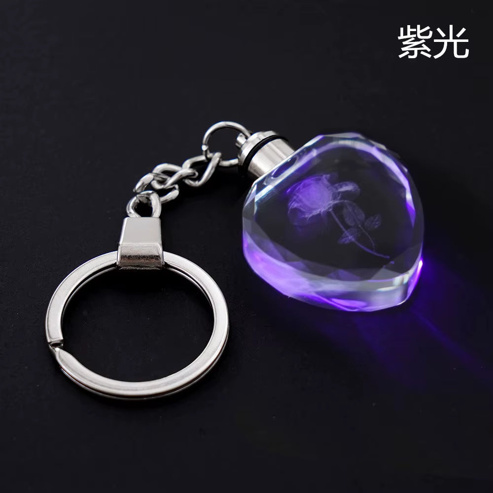 Fashion Colorful Fairy Rose Flower Pattern Love Shape Crystal Rhinestone LED Light Keychain Lover Key Chain Keyring Jewelry